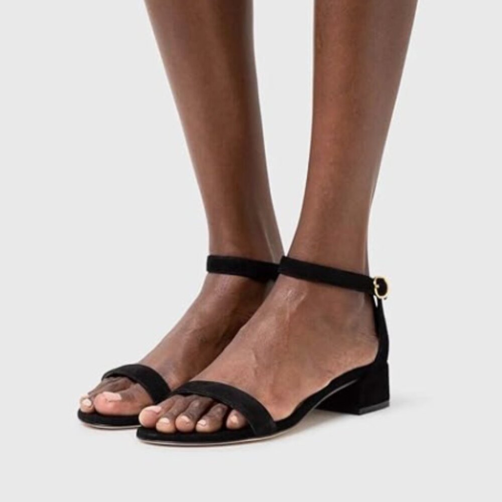 XYD Black Suede Open Toe Ankle Strap Buckled Low Chunky Heel Dress Sandals